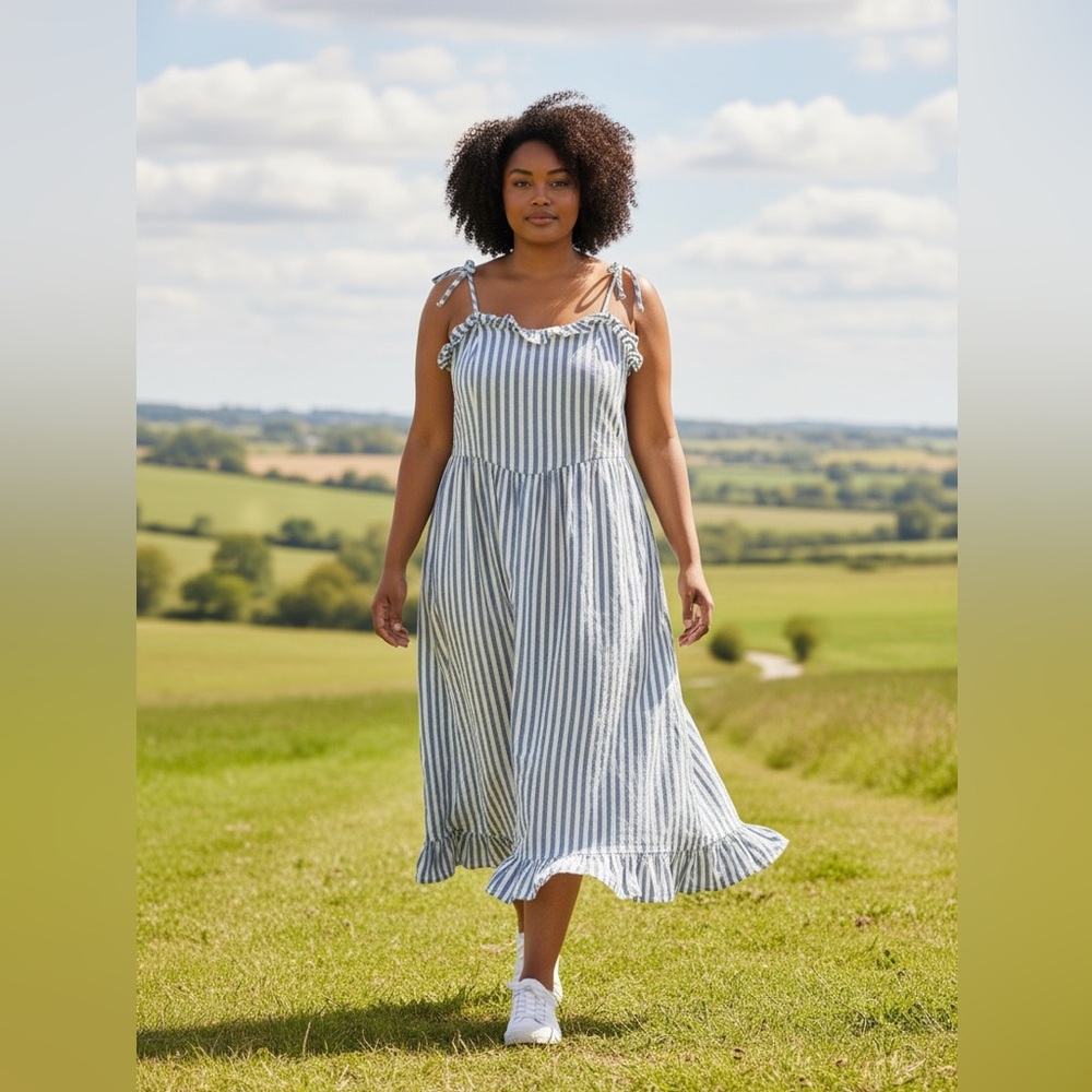 Lined Smocked Blue and White Striped Maxi Dress